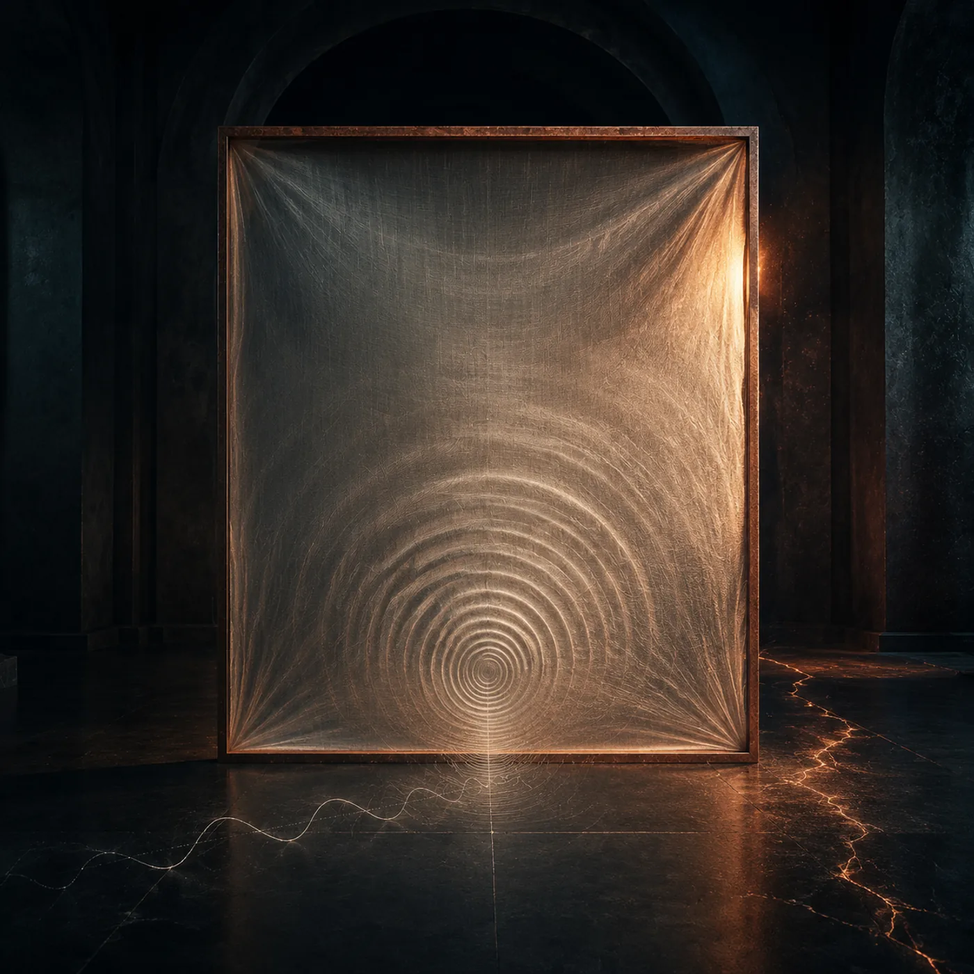 Cover artwork for The Body Knew First: a copper frame in a dark vault, concentric amber ripples on stretched fabric