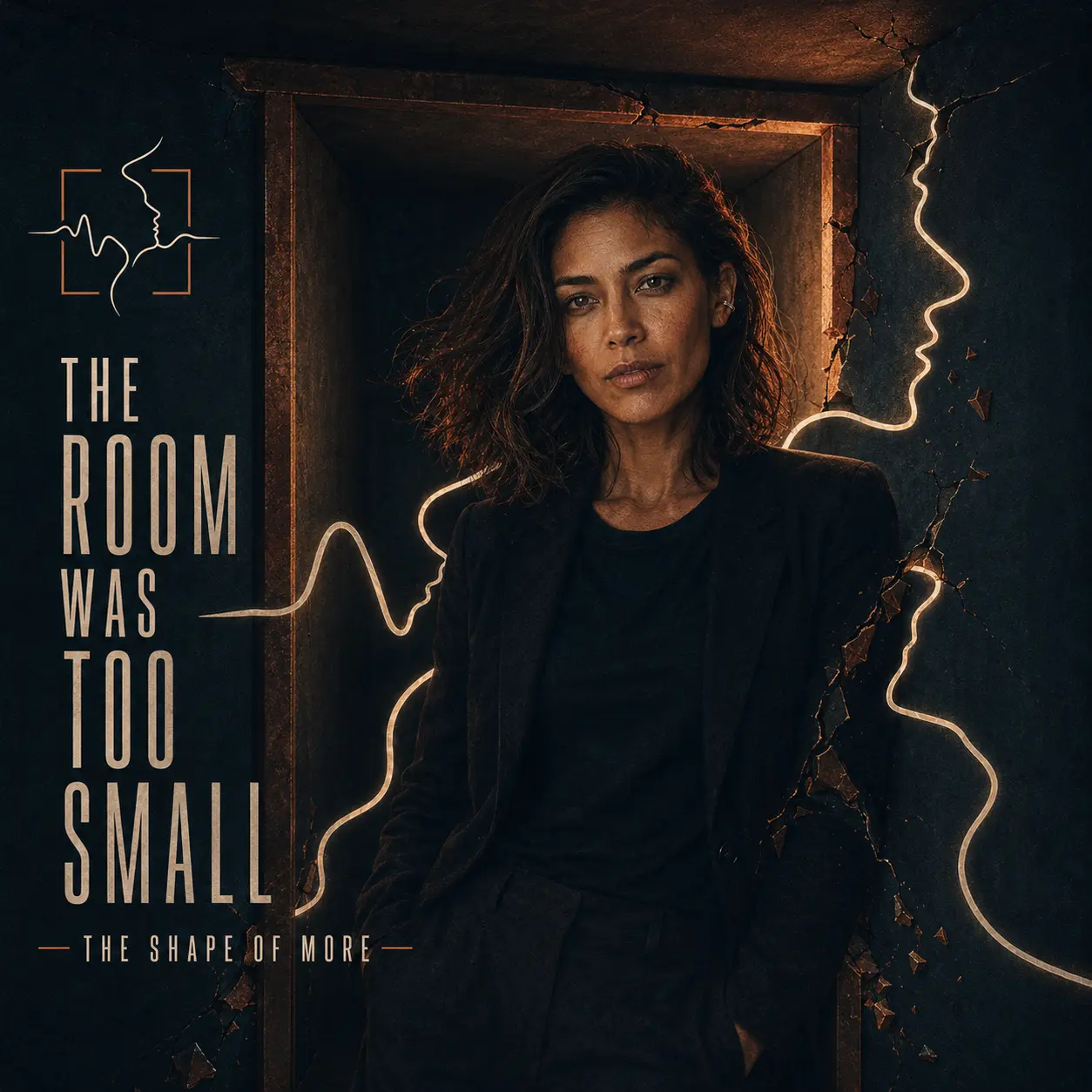 Cover artwork for The Room Was Too Small, showing Mara Vale in a narrow doorway beside a copper contour line